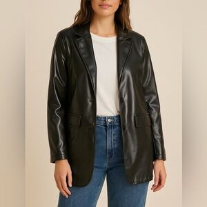 Black Faux Leather Blazer Jacket Longline Coat Vegan Leather Minimalist Size: S